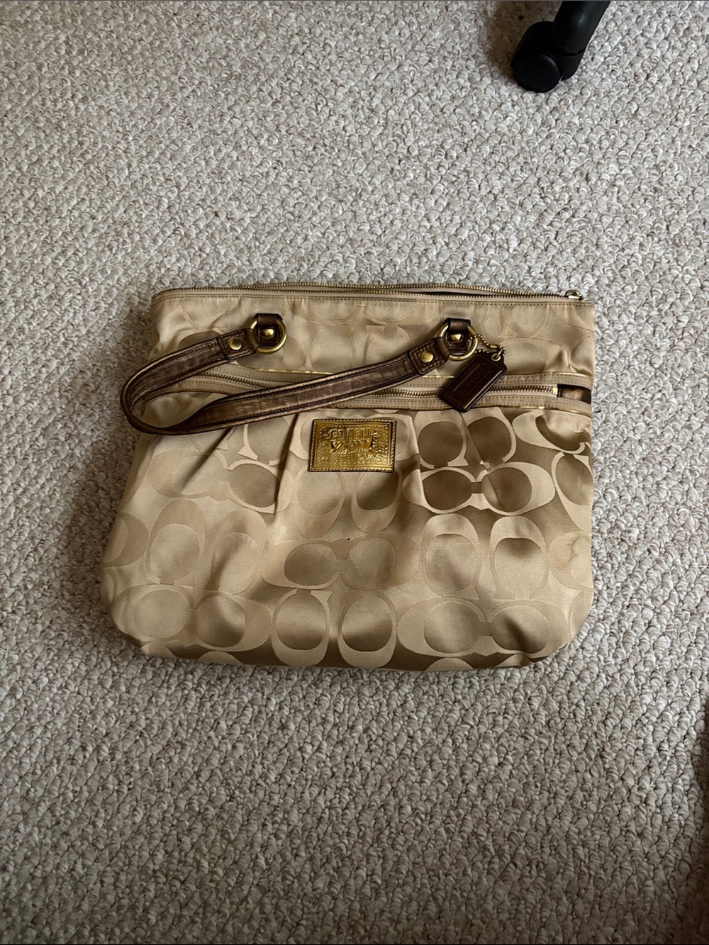 Coach Poppy Signature Sateen Glam Tote Shoulder Bag with Brown Trim.